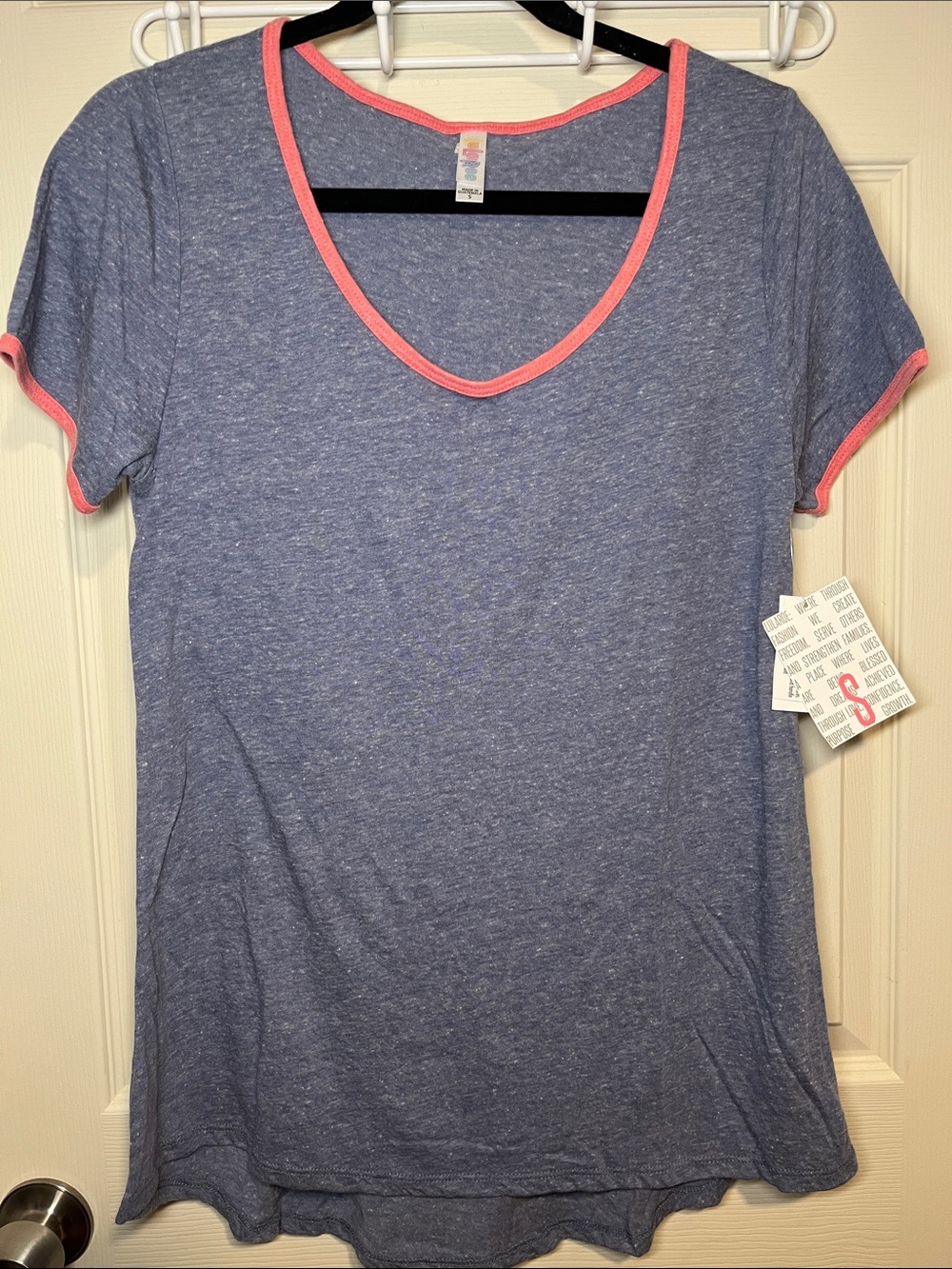 LuLaRoe Heather Blue V-Neck Tee with Pink Trim